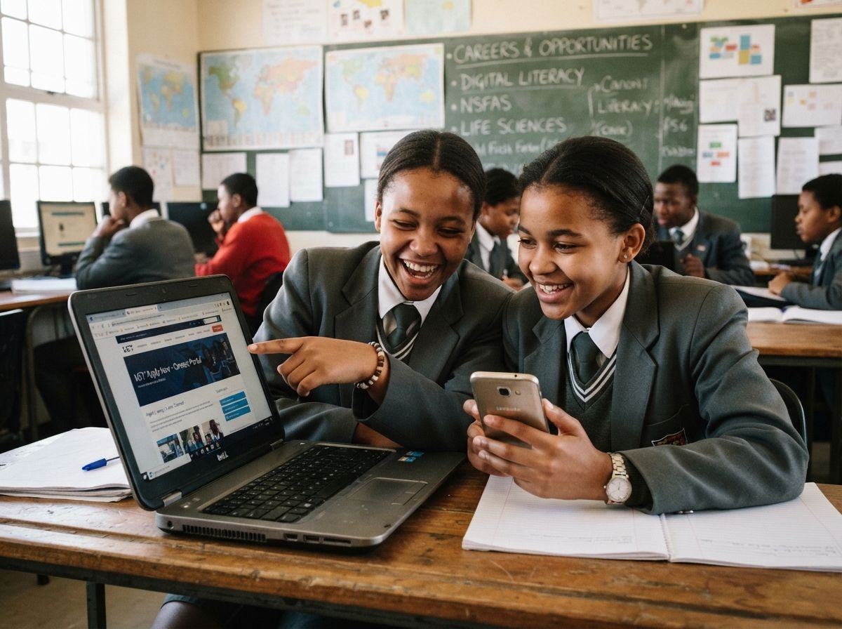 Two learners exploring career opportunities on a laptop and phone in a school computer class